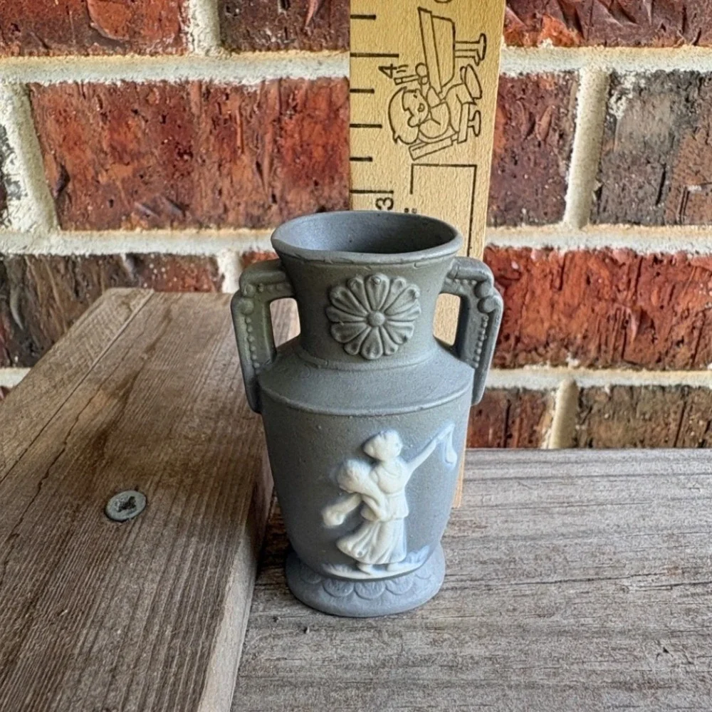 Vintage Blue Jasperware Mini Vase Raised White Floral Bud Vessel Made in Japan